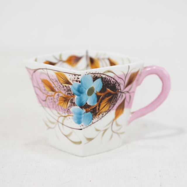 Pink Vintage Victorian Hand-Painted Porcelain Mugs & Pitcher Set – Unique Floral & Landscape Designs For Sale - Image 8 of 10