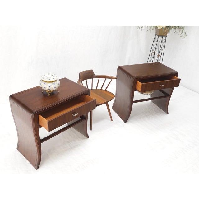Wood Pair Century Walnut Waterfall Brand New Old Stock Two Tier End Side Tables Stand For Sale - Image 7 of 17