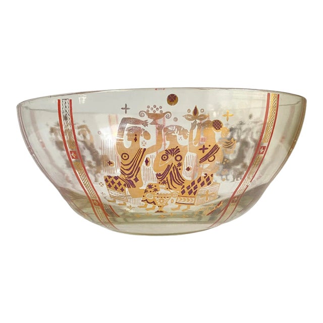 Georges Briard Olympia Large Serving Bowl Dancing Greek Figures 22Kt Gold Leaf Vintage For Sale