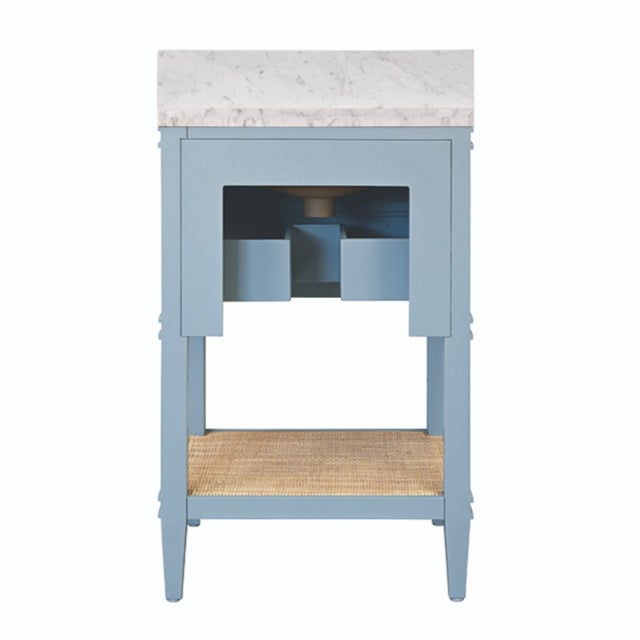 Wood Matthew Izzo Home Cutler 24” Light Blue Two Drawer Single Porcelain Sink Vanity With Open Cane Shelf and Brass Hardware For Sale - Image 7 of 10