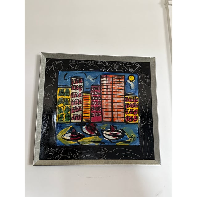 Fantastic 1970s Original painting by 84yr old artist Peter Keil. This interesting piece depicts colorful nyc skyscrapers...
