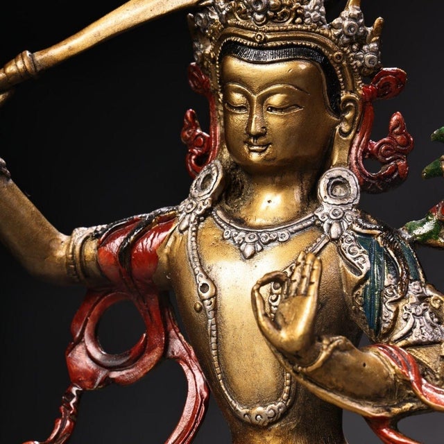 Late 20th Century Gilt Bronze Manjushri Statue Bodhisattva Sword Lotus Sculpture 7.9" For Sale - Image 9 of 9