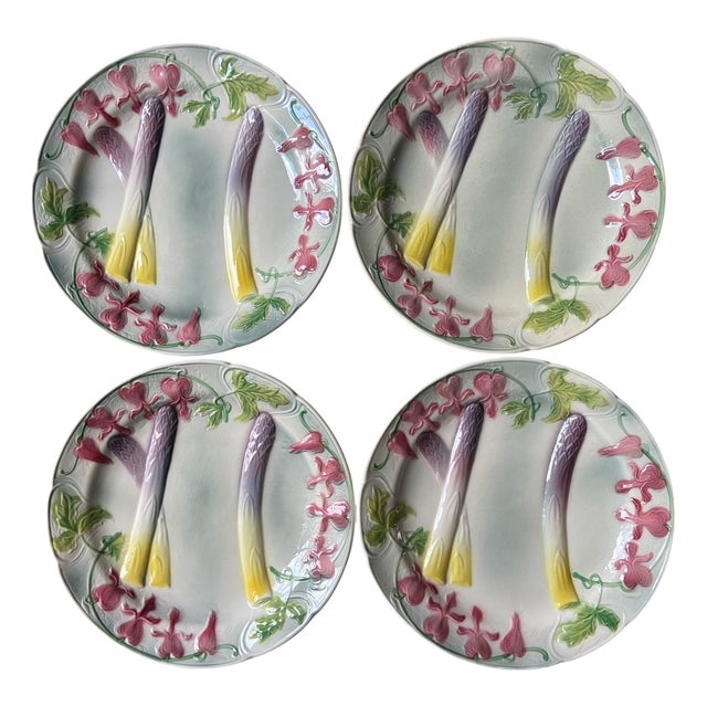 French Art Nouveau Majolica Asparagus Plates from Saint Clément, 1920s, Set of 4 For Sale