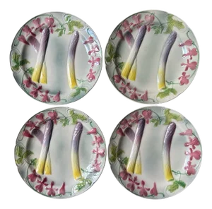 French Art Nouveau Majolica Asparagus Plates from Saint Clément, 1920s, Set of 4