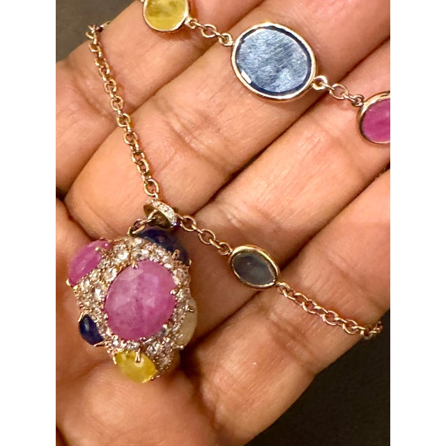 80 Ct Bezel-Set Multi-Sapphire Station Necklace & With diamonds 18kt Gold 35" L For Sale - Image 9 of 18