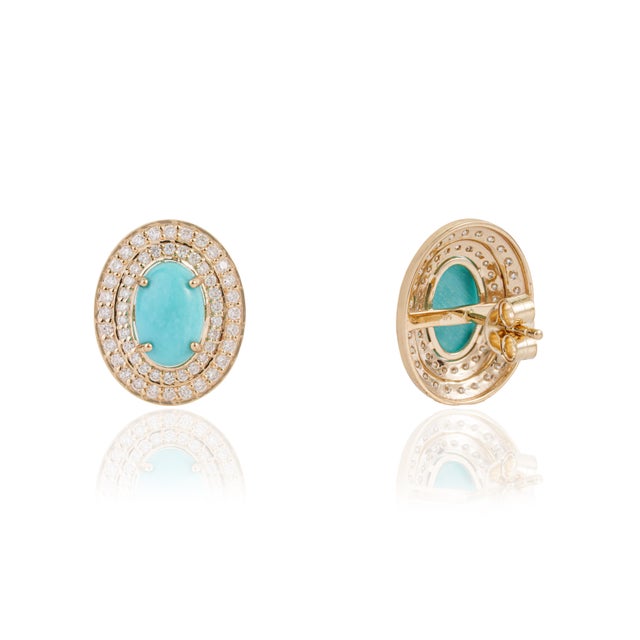 3.97Carat Turquoise & Diamond Double Halo Statement Earrings in 14k Gold- A Pair For Sale In New York - Image 6 of 14
