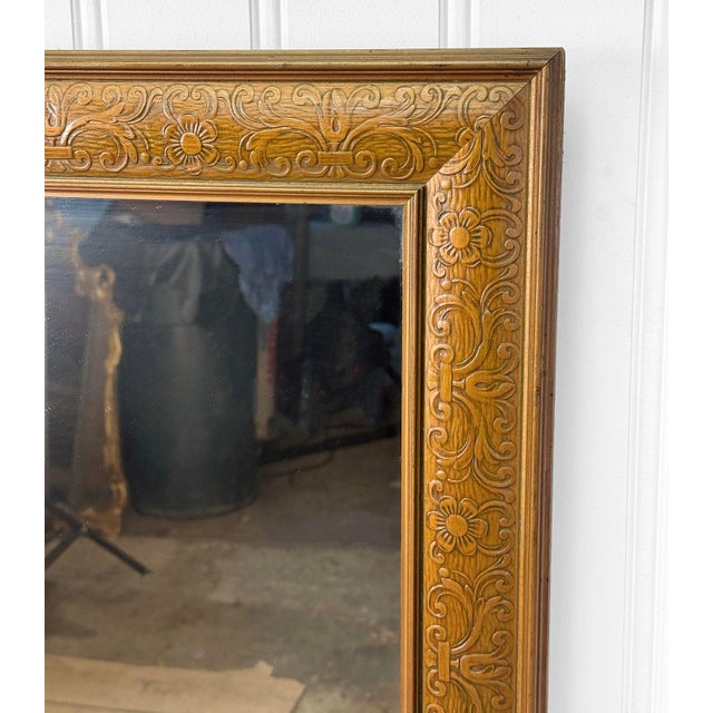 Antique Traditional Oak Floral Embossed Frame Wall Mirror - 26x32 For Sale - Image 6 of 9