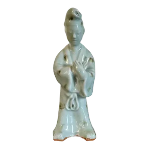 19th Century Chinese Celadon Porcelain Figure of an Attendant or Court Lady in Ermine Robes