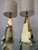 Impressive pair of pyramid-shaped brass table lamps with fabric lampshades European Plug (up to 250V).The wiring of this...