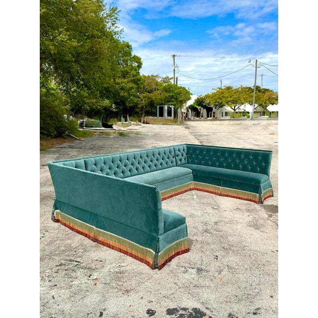 Wood Vintage Regency Sherril Williams Monumental Custom Tufted Banquette Sofa For Sale - Image 7 of 12