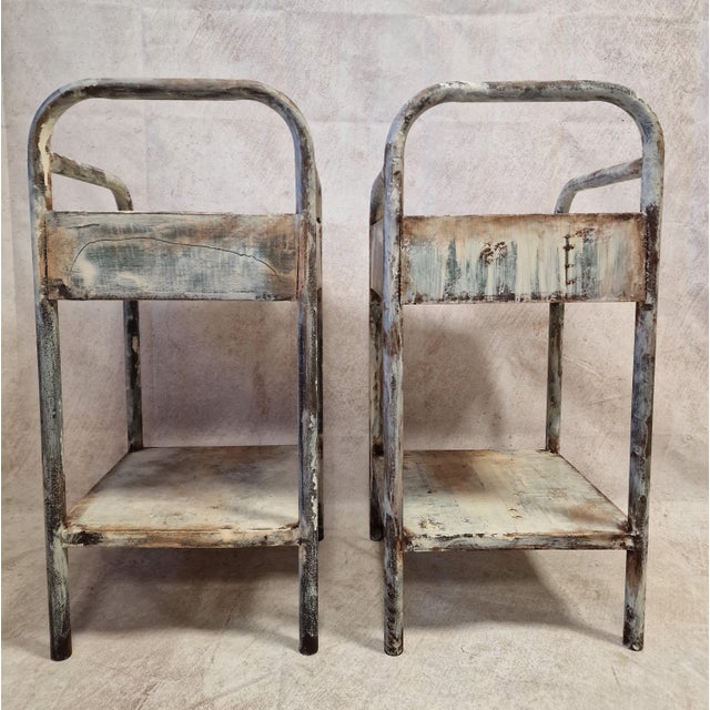 Antique Boarding School Bedside Tables in Patinated Metal, 1950s, Set of 2 For Sale - Image 9 of 10