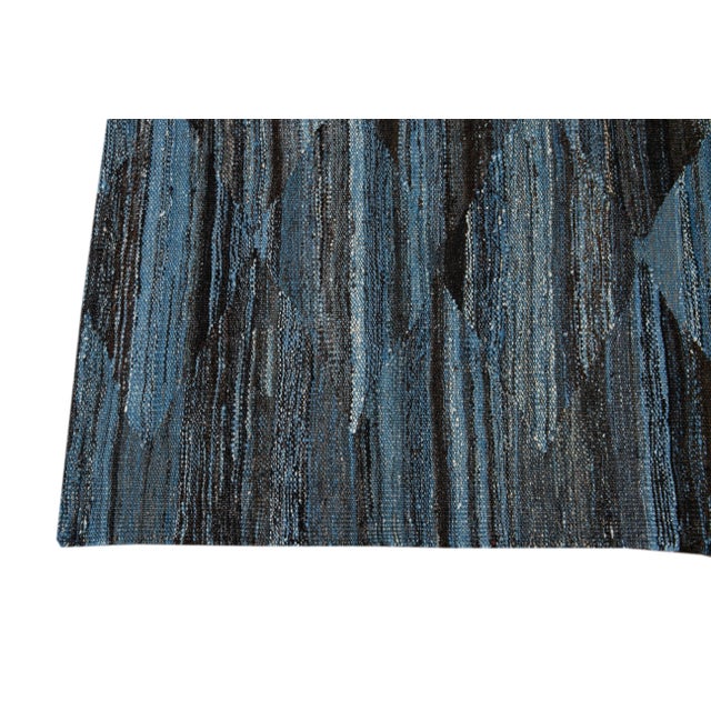 Modern Abstract Flatweave Room Size Wool Rug in Blue For Sale - Image 4 of 13