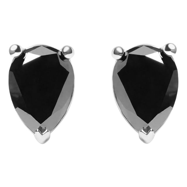 14K White Gold 3.00 Cttw Black Pear Shaped Diamond Solitaire Stud Earrings For Sale