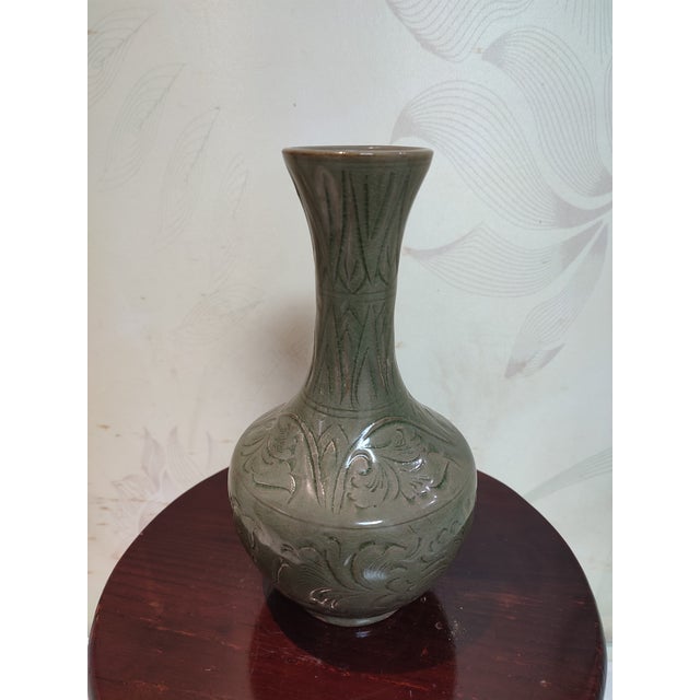 Ceramic Chinese Ceramic Vase Yaozhou Ware Celadon Vase Hand Carved Flowers Pattern For Sale - Image 7 of 12