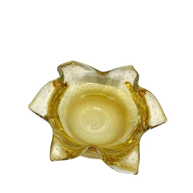 Art Deco Vintage Murano Bullicante Controlled Bubble Art Glass Amber Yellow Ashtray/ Catchall For Sale - Image 3 of 10