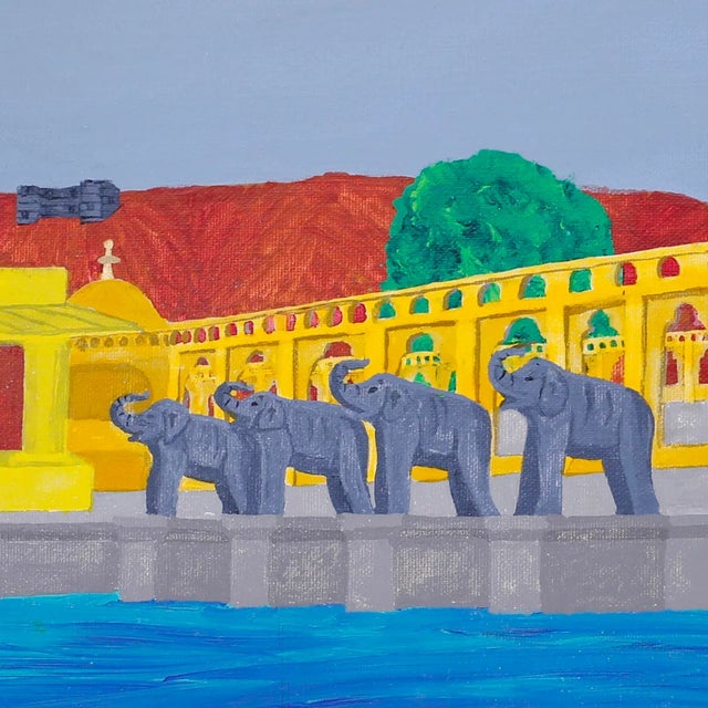 Painting on canvas of a Hindu temple with a charming naive style and vibrant colors reminiscent of Indian textiles. Signed...