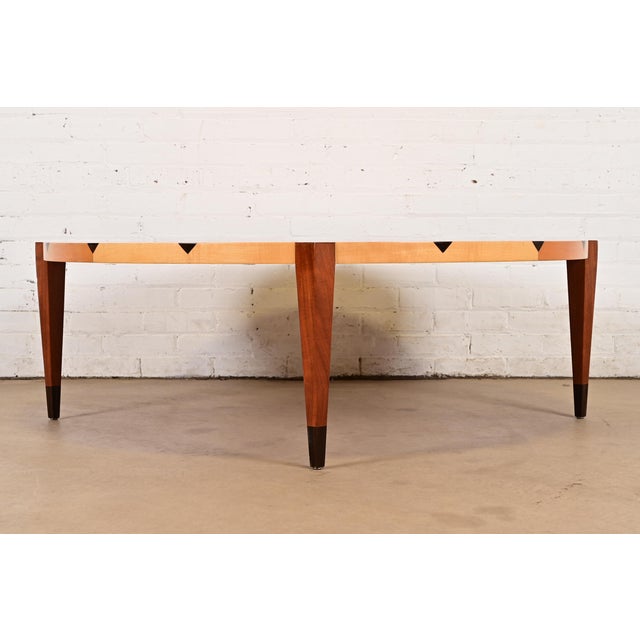 Baker Furniture Style Studio Crafted Modern Art Deco Birdseye Maple and Mahogany Coffee Table For Sale - Image 10 of 12
