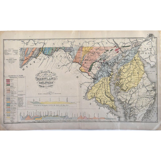 This highly detailed 32" x 20" antique map, titled "Map of Maryland & Delaware," is specifically a geological map of the...