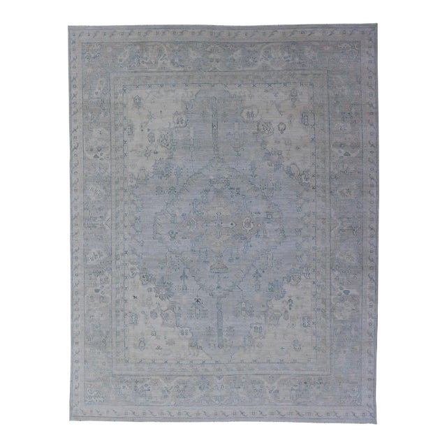 Modern Oushak Rug by Keivan, Light Blue Tribal Medallion, 8'10 X 11'8 For Sale