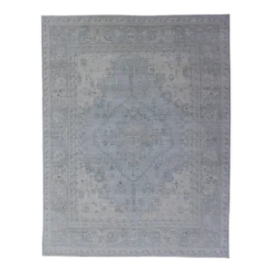 Modern Oushak Rug by Keivan, Light Blue Tribal Medallion, 8'10 X 11'8