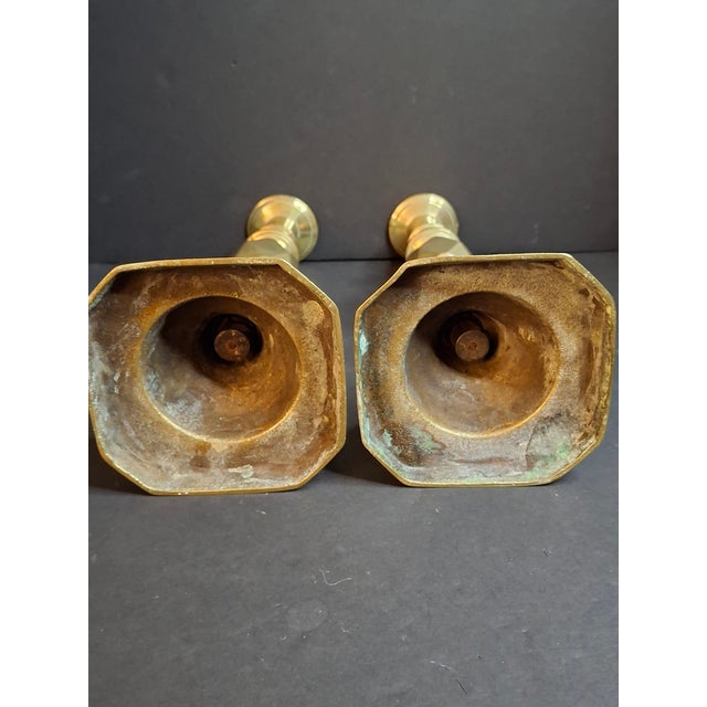 Antique Matching Pair Victorian "The Queen of Diamonds" Brass Candlesticks 11" Push Up Ejector c.1897 For Sale - Image 17 of 18