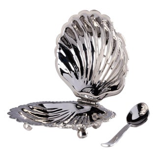 Cap Ferrat Fan Shell Lidded Bowl with Spoon, Nickel For Sale