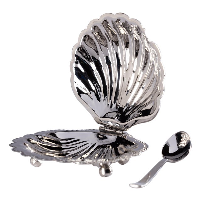 Cap Ferrat Fan Shell Lidded Bowl with Spoon, Nickel For Sale