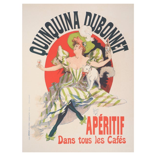 Jules Cheret, Elegant Woman with Her Aperitif and Her Cat, 1897, Lithograph For Sale