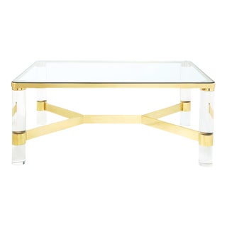 Karl Springer Authentic Signed Lucite and Brass Coffee Table For Sale