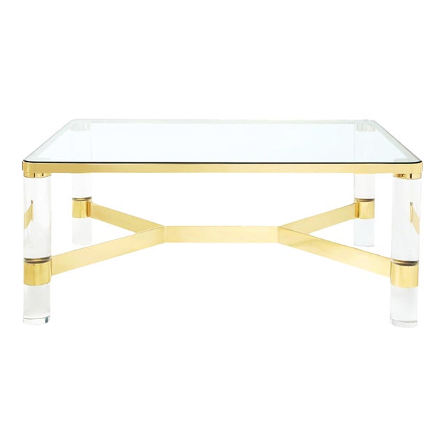 Karl Springer Authentic Signed Lucite and Brass Coffee Table For Sale