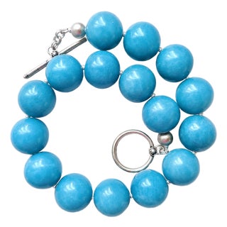 Blue Sponge Quartz Statement Necklace, Huge 24 Mm Round Blue Quartz Beads, Sterling Silver Toggle Clasp, Bold Gemstone Necklace For Sale