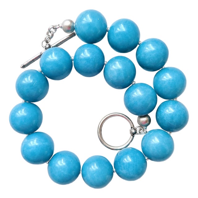 Blue Sponge Quartz Statement Necklace, Huge 24 Mm Round Blue Quartz Beads, Sterling Silver Toggle Clasp, Bold Gemstone Necklace For Sale