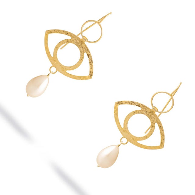 Metal Guardian Eye Pearl Dangle Earrings, A Pair For Sale - Image 7 of 9