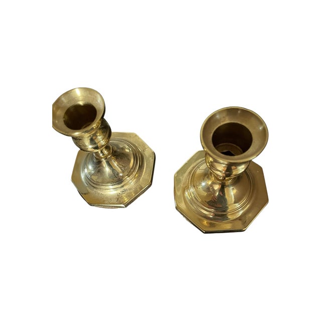 Mid 20th Century 2 Vintage Midcentury Baldwin Polished Brass Candlesticks/Holders Octagon Base 3.5" For Sale - Image 5 of 5