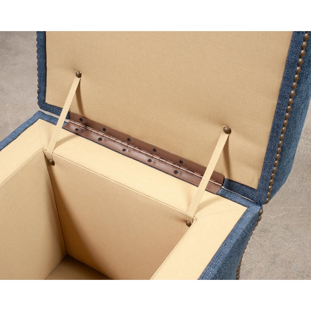 Ralph Lauren 'Florence' Storage Ottoman in Damask Blue Linen For Sale - Image 15 of 18