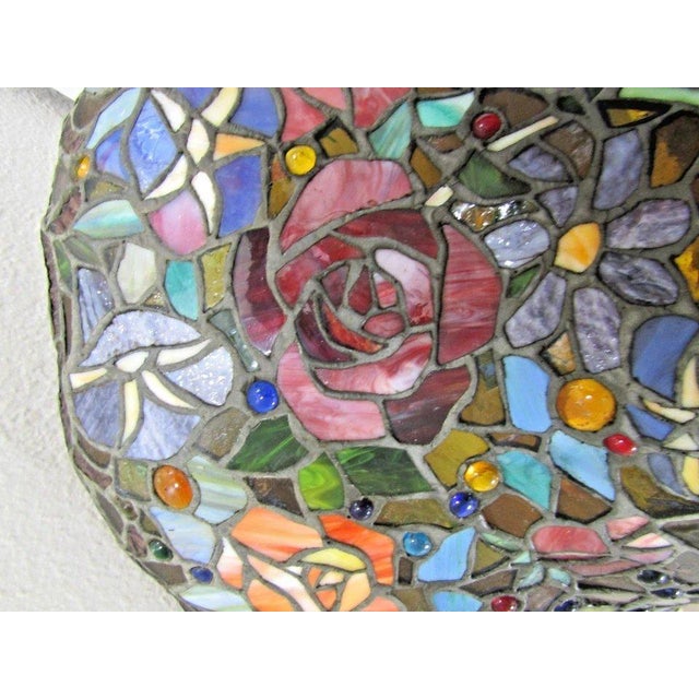 Vintage Tiffany Style Stained Glass Roses Poppies Cabochons Bell Lampshade For Sale - Image 17 of 18