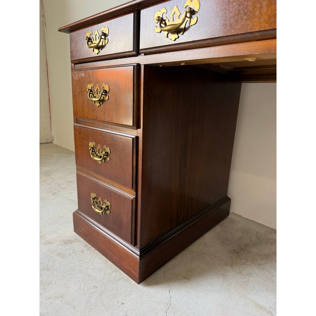 1970s 1970s Vintage Campaign Chippendale-Style Mahogany & Tooled Leather Top Partners Desk For Sale - Image 5 of 13
