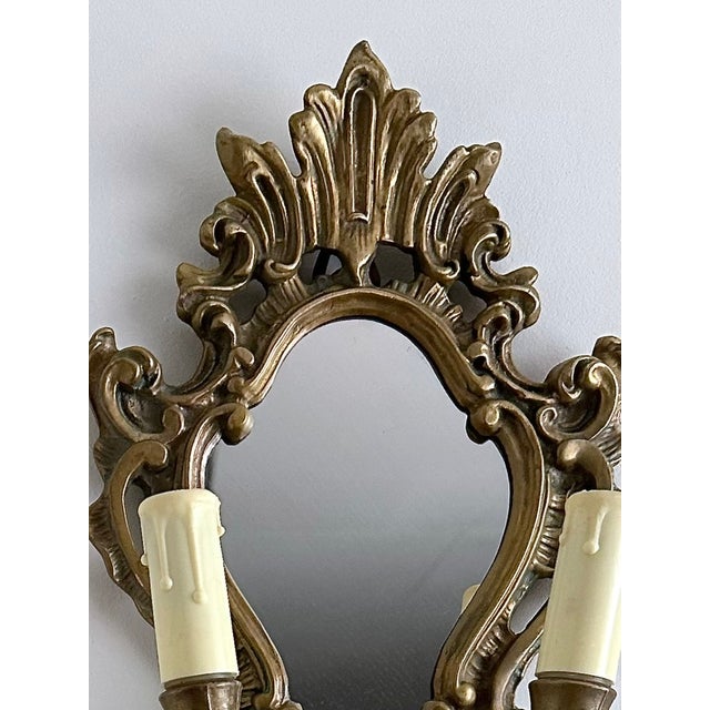 Mid-Century French Rococo Revival Brass Wall Mirror Sconce, 1950s For Sale - Image 4 of 16