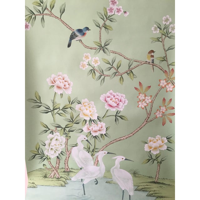 Chinoiserie A Set of 3 Panels Hand-Painted Silk Chinoiserie Wallpaper, Aqua Green Silk Wallpaper, Set of 3 For Sale - Image 3 of 10