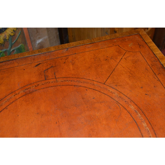 1930s Vintage English Tan / Gold Leather Topped Square Wooden Game or Card Table For Sale - Image 5 of 18