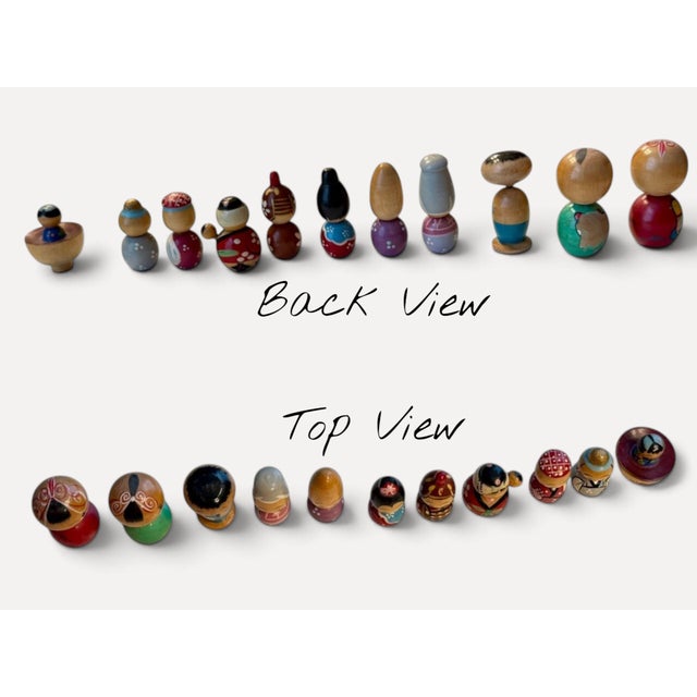 Tan Vintage Japanese Miniature Kokeshi Dolls Set 11-Hand Painted Wood-Japan Folk Art For Sale - Image 8 of 10
