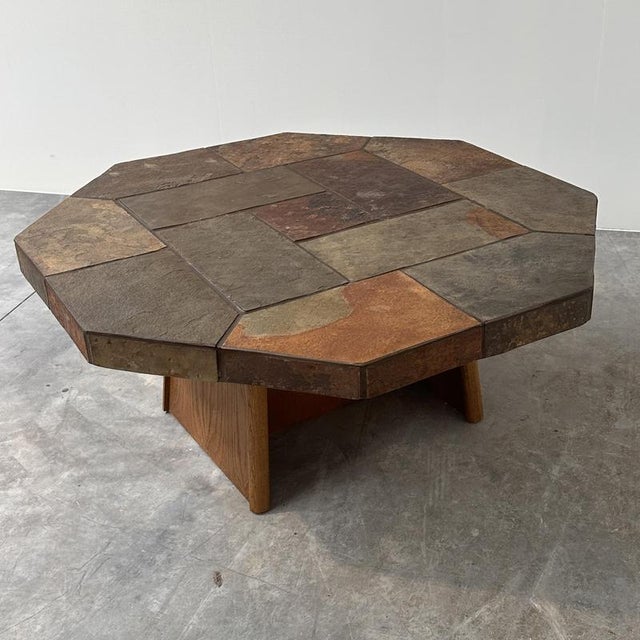 Large Vintage Brutalist Slate Mosaic Coffee Table with Oak Pedestal Base For Sale - Image 16 of 16