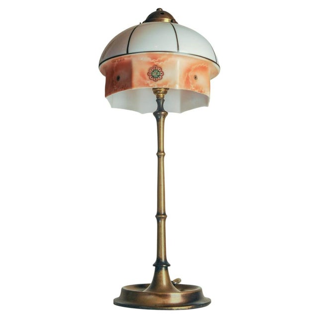 Art Nouveau Faux Bamboo Brass and Milk Glass Table Lamp For Sale - Image 3 of 10