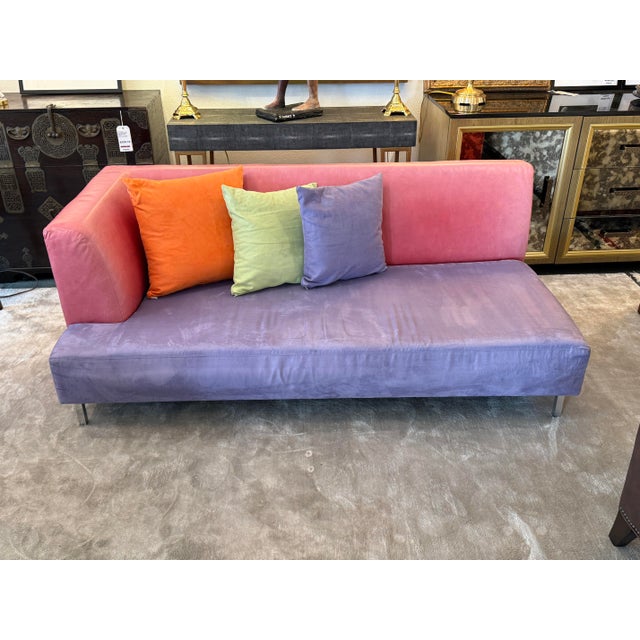 Lavender Micro-Suede + Rose Pink Leather Chaise Sofa For Sale In San Francisco - Image 6 of 12