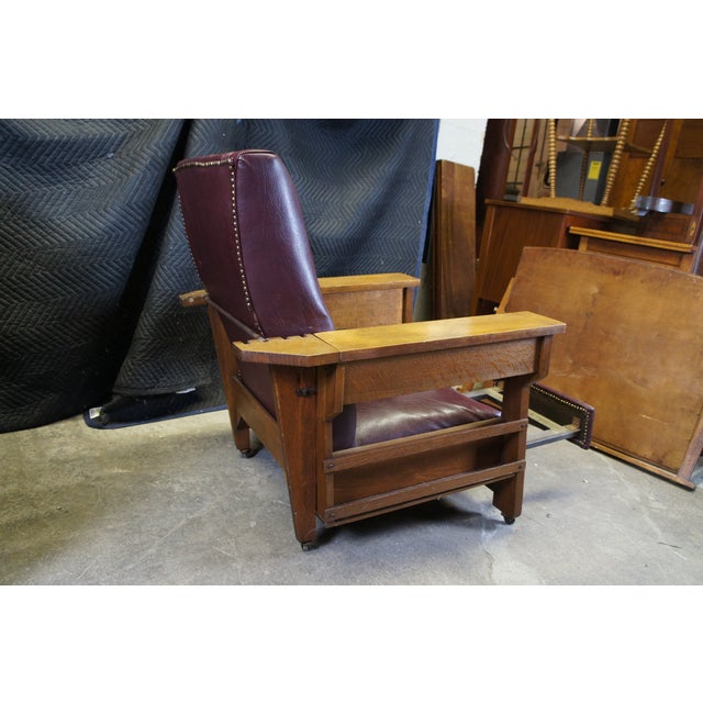Burgundy Late 19th Century Antique Streit Mission Craftsman Quartersawn Oak Morris Library Lounge Arm Chair For Sale - Image 8 of 12