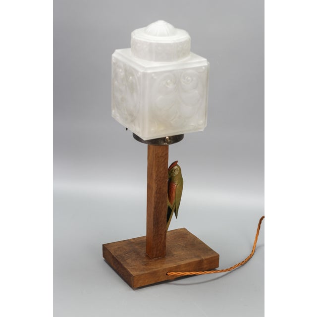 Art Deco Wooden and Frosted Glass Table Lamp with a Woodpecker, 1930s For Sale - Image 10 of 18