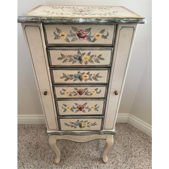 Wood Hand-Painted Floral Jewelry Armoire Cabinet With Mirror & Storage For Sale - Image 7 of 10