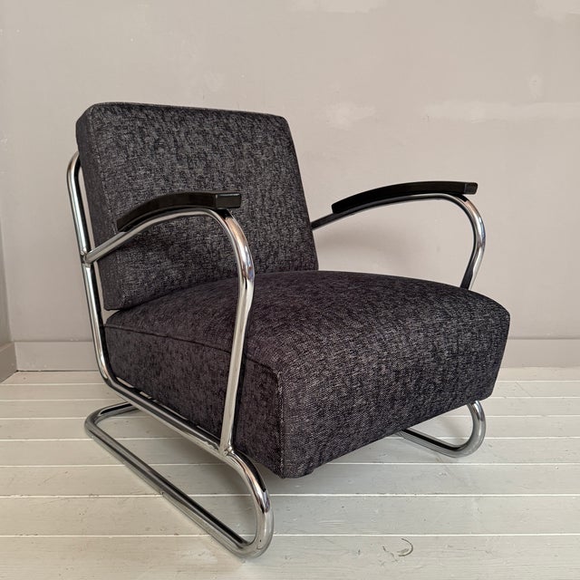 Black Vintage Tubular Steel Cantilever Armchair in Black Upholstery, 1930s For Sale - Image 8 of 12