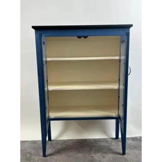 Early 21st Century Modern Farmhouse Blue Solid Pin With Silver-Tone Mesh Doors Server or Cabinet For Sale - Image 5 of 13