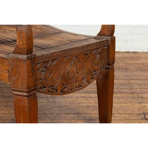 Antique Indonesian Reclining Plantation Chair with Bamboo Slats and Carved Decor For Sale - Image 10 of 11